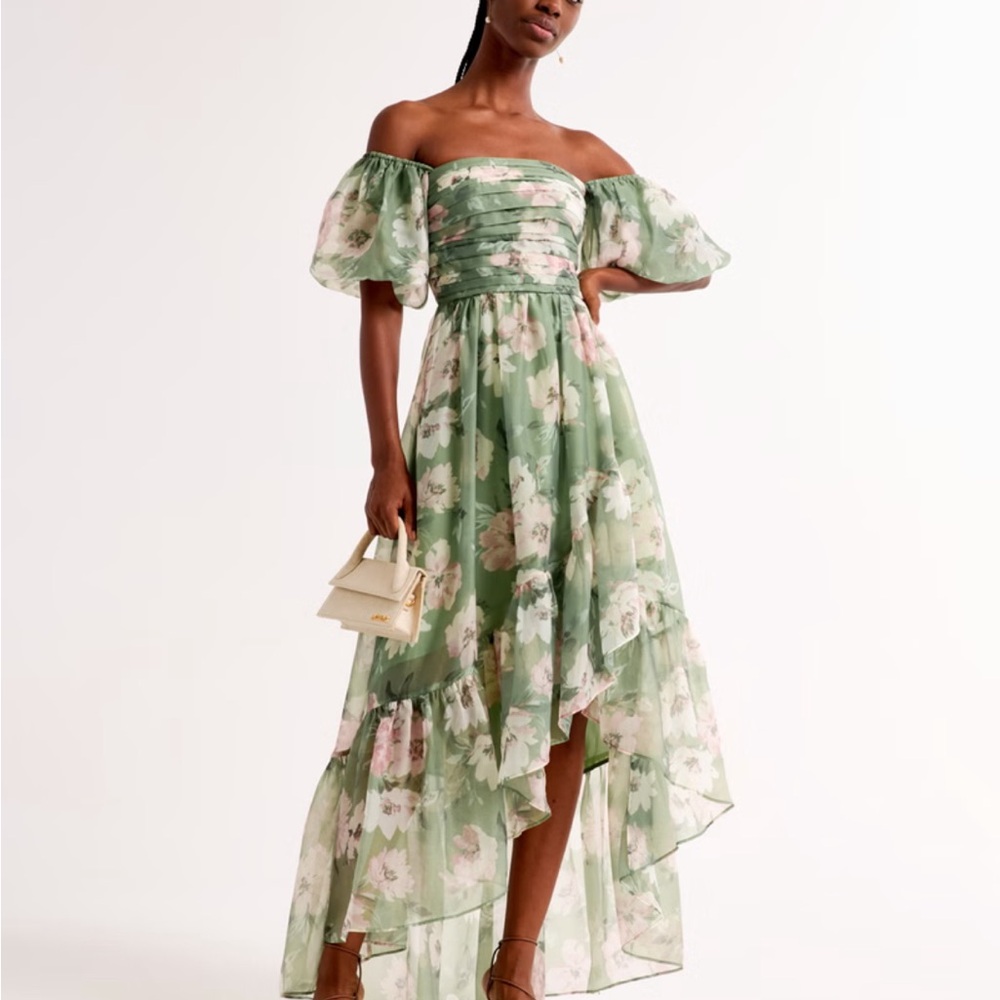 Abercrombie & Fitch Green Off-Shoulder Flutter Sleeve Dress
